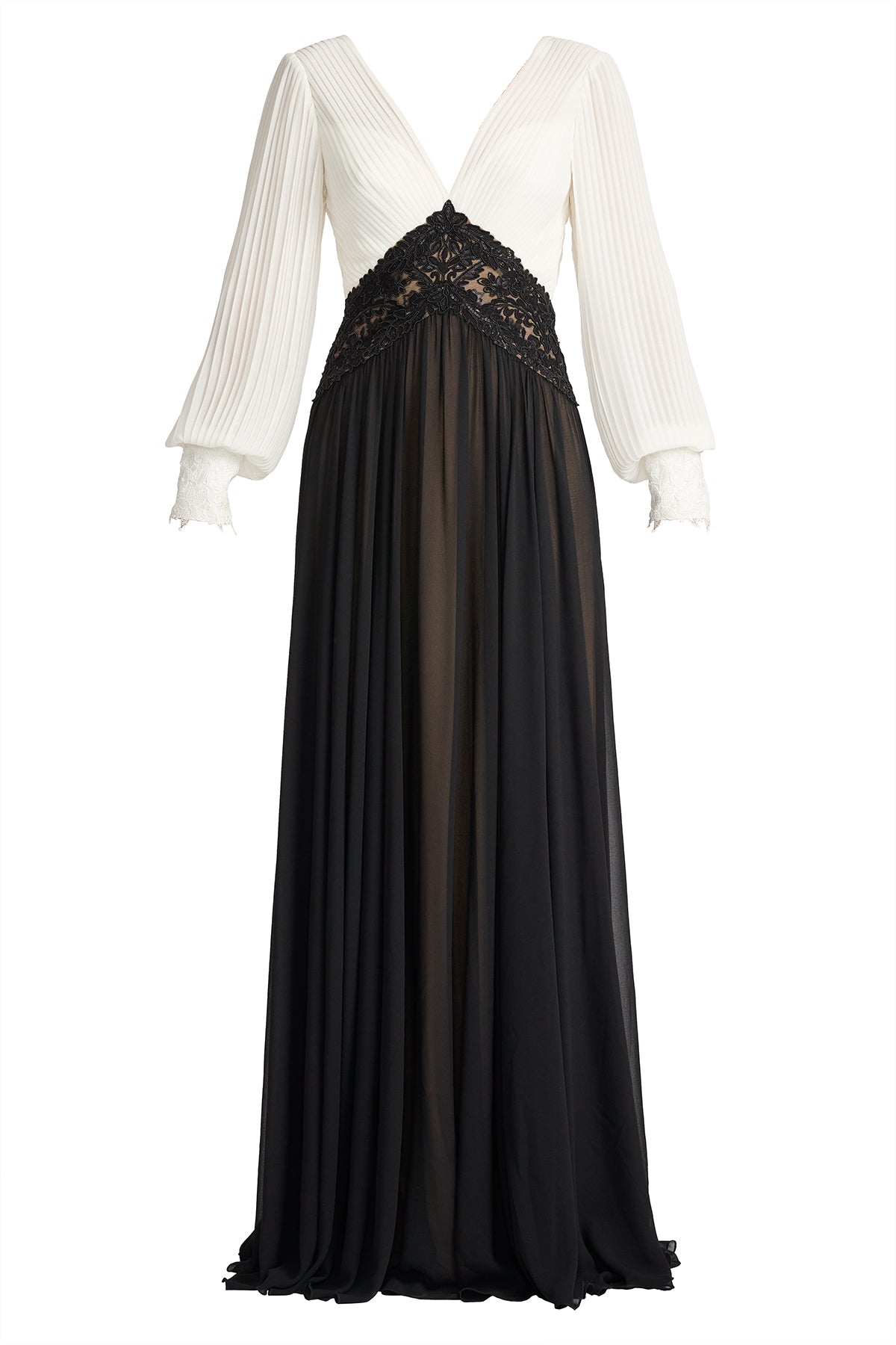 Benulo Pleated Embroidered Waist Gown-IV/BK Ghost