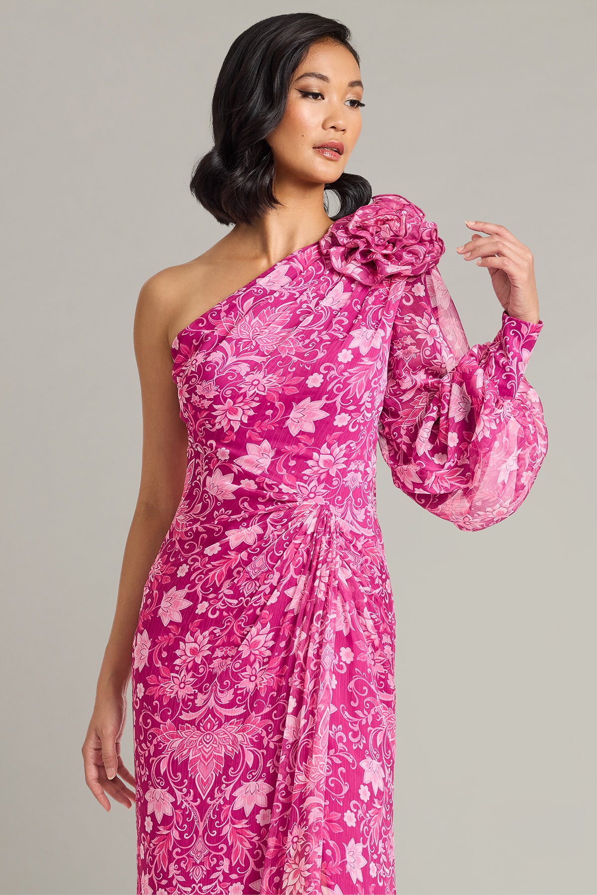 Bosson Floral Print One-Shoulder Gown-MA/MU Crop