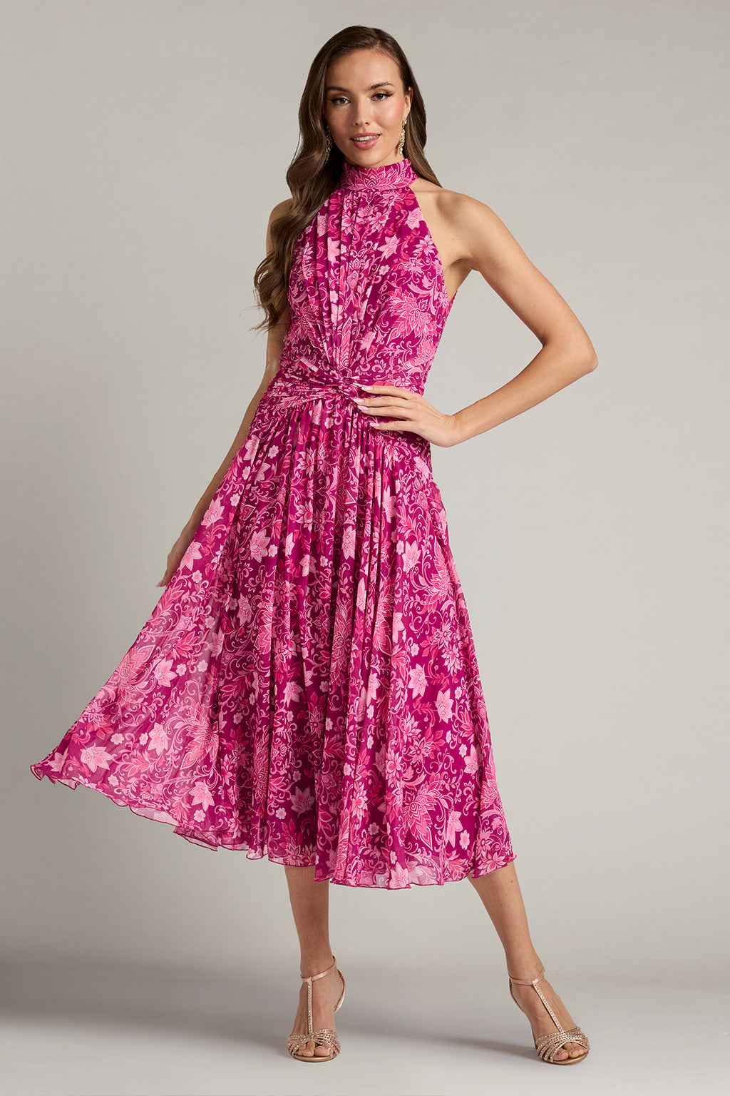 Kyrene Floral Pleated Halter Midi Dress