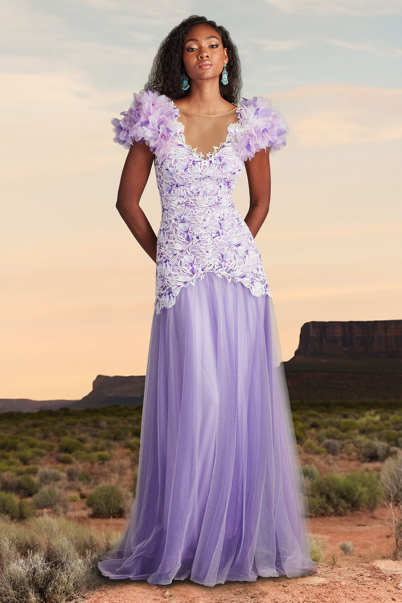 WHITE/PURPLE HAZE BLOOM EMBROIDERED LACE GOWN WITH 3D FLORAL SLEEVES