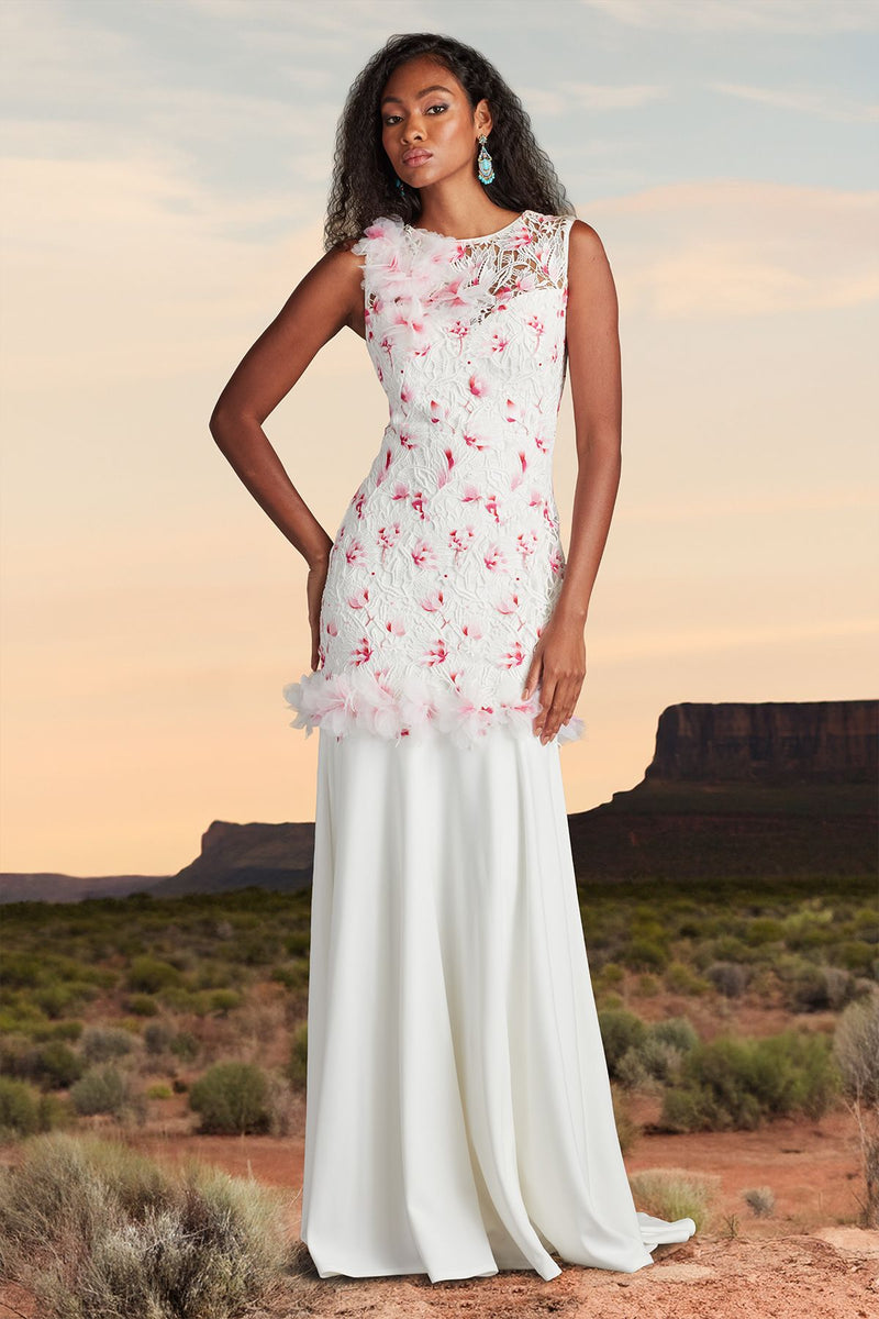 WHITE/WILD FLOWER BLOOM EMBROIDERED LACE AND TEXTURED CREPE FLOOR LENGTH SLEEVLESS DRESS