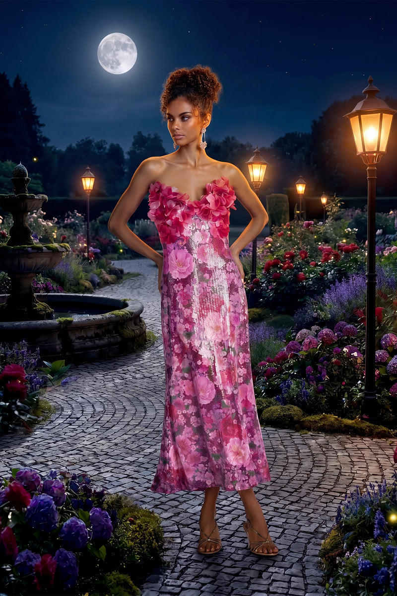 MAGENTA GARDEN PRINT MESH WITH SHIMMERING PAILLETTE OVERLAY STRAPLESS MIDI DRESS WITH 3D FLORAL APPLIQUE