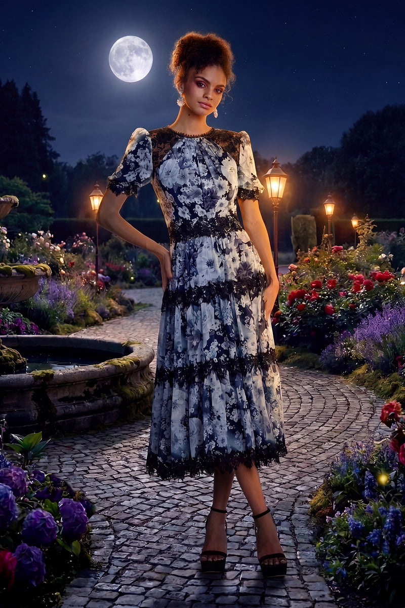 IVORY/BLACK GARDEN PRINT CHIFFON SHORT SLEEVE TEA-LENGTH DRESS WITH LACE INSERTS