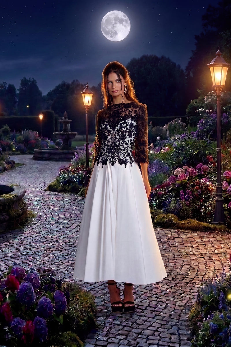 WHITE/BLACK VINE EMBROIDERED TULLE AND TAFFETA ELBOW SLEEVE TEA-LENGTH DRESS