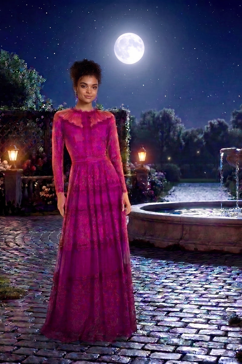 MAGENTA CORD EMBROIDERED LACE LONG SLEEVE A-LINE FLOOR LENGTH DRESS