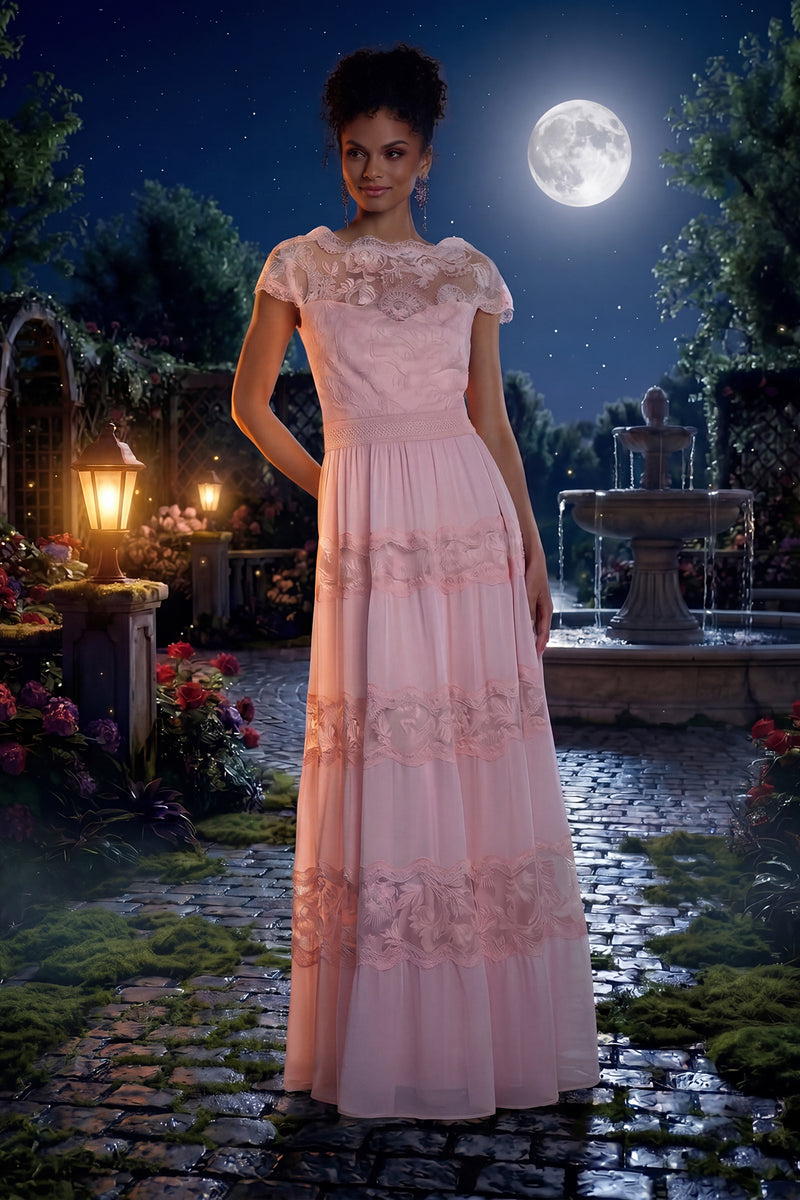 PETAL FLORA EMBROIDERED TULLE AND CHIFFON CAP SLEEVE A-LINE FLOOR LENGTH GOWN