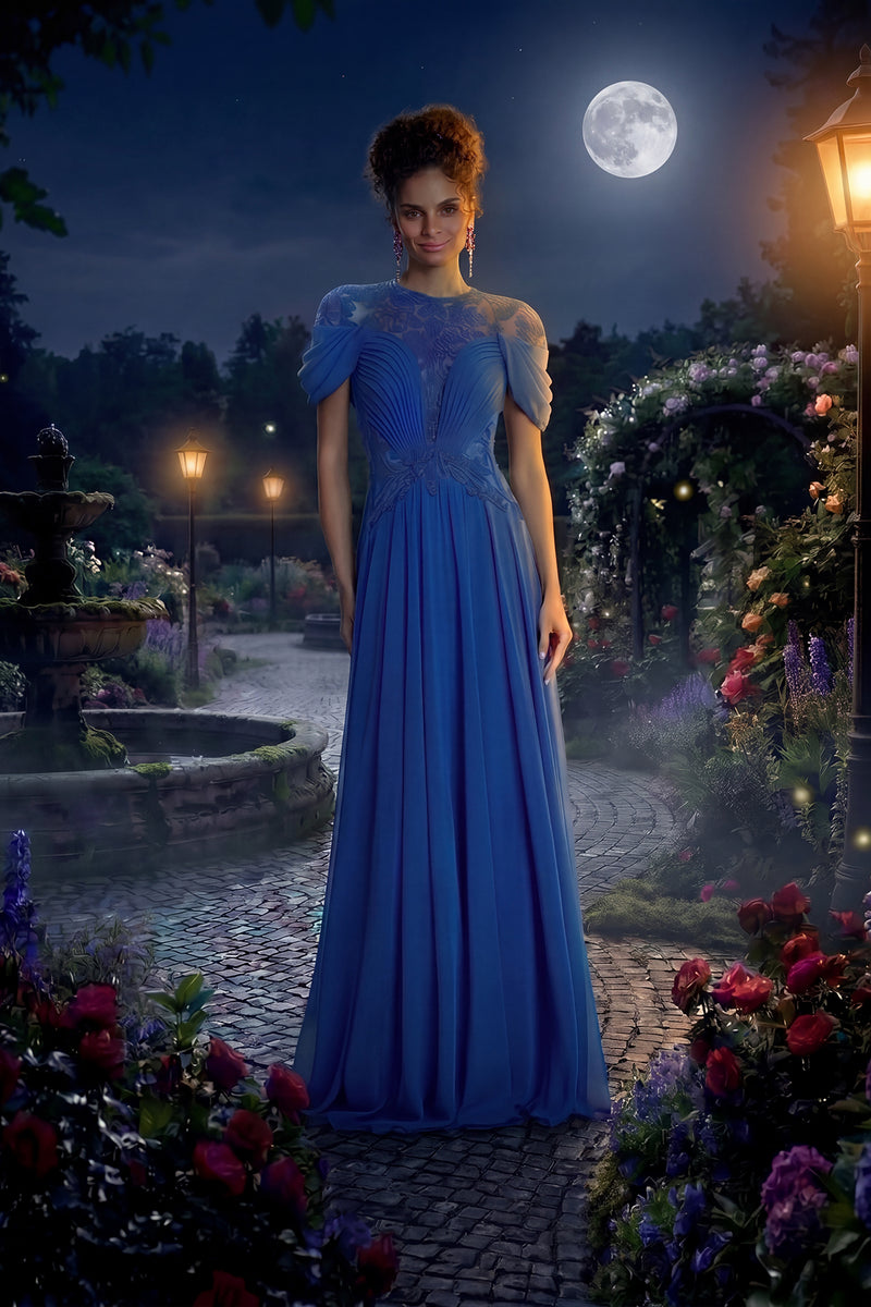 FOUNTAIN BLUE VINE EMBROIDERED TULLE AND GEORGETTE FLARED SKIRT GOWN WITH DRAPED SLEEVE DETAIL