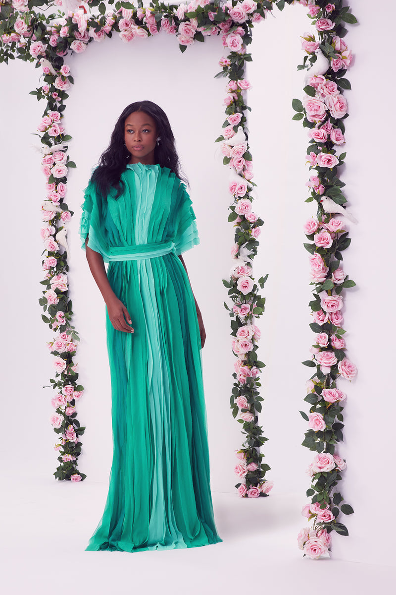 CARIBBEAN OMBRE CRINKLE CHIFFON BANDED HIGH NECK KIMONO SLEEVE GOWN