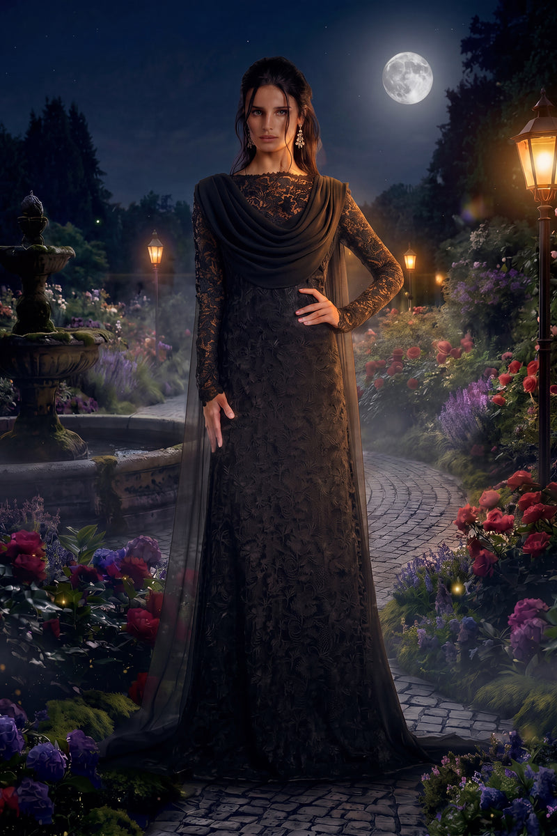 BLACK TRELLIS LACE LONG SLEEVE BOAT-NECK GOWN WITH COWL DRAPE AND SWEEPING GEORGETTE TRAIN