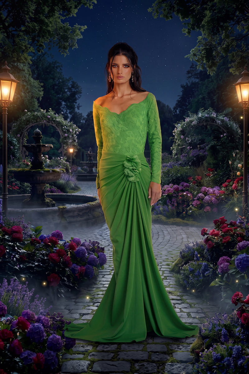 CACTUS FLORA EMBROIDERED TULLE AND TEXTURED CREPE V-NECK LONG SLEEVE GOWN WITH 3D FLORAL APPLIQUE