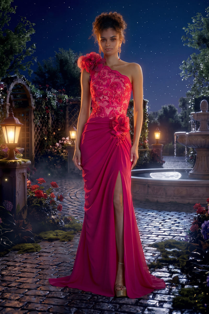 DAHLIA FLORA EMBROIDERED TULLE AND TEXTURED CREPE ONE SHOULDER GOWN WITH 3D FLORAL APPLIQUE