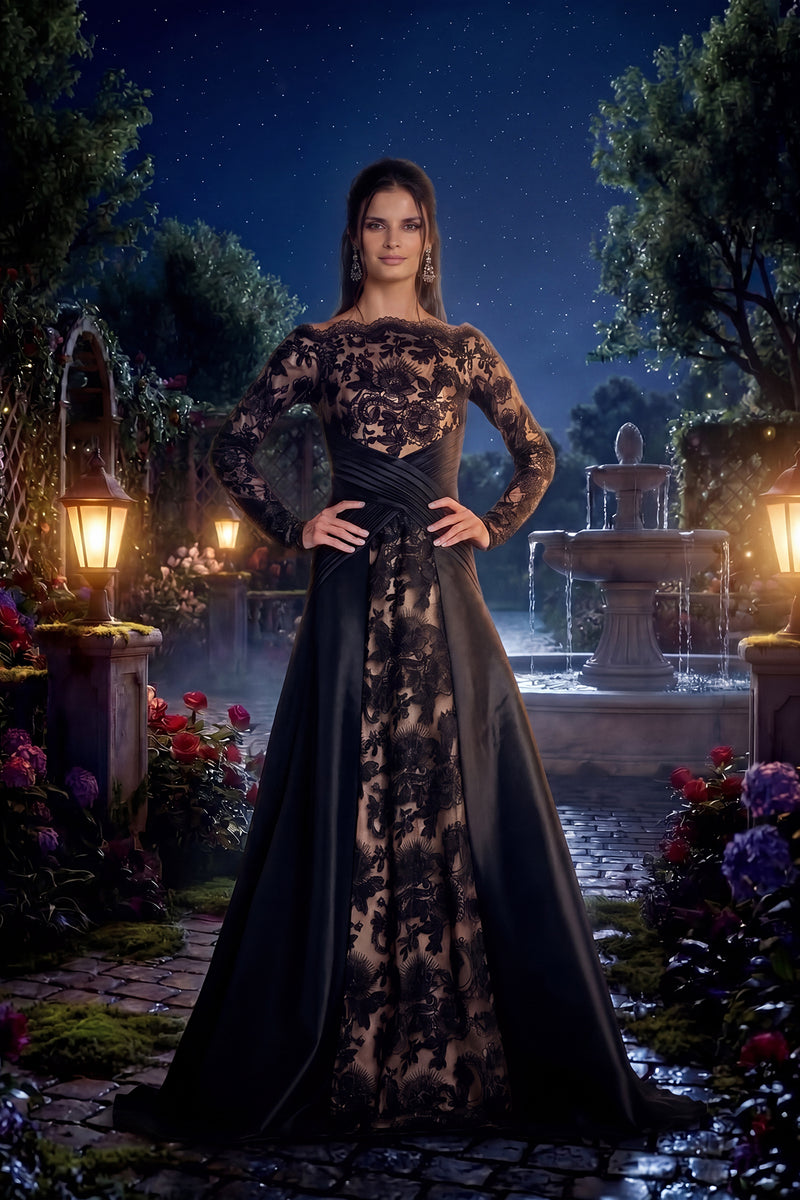 BLACK/NUDE FLORA EMBROIDERED TULLE AND TAFFETA OFF-THE-SHOULDER LONG SLEEVE GOWN