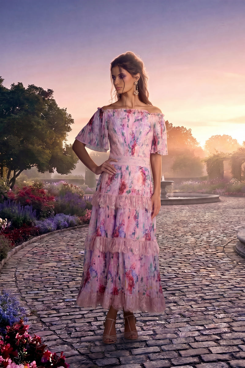 PETAL KNIFE PLEATED FLORAL PRINT CHIFFON AND LACE TRIM OFF-THE-SHOULDER TEA-LENGTH DRESS
