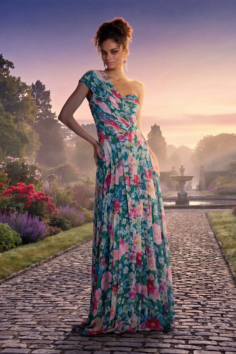 TEA LEAF GATHERED FLORAL PRINT CHIFFON ONE SHOULDER FLOOR LENGTH DRESS