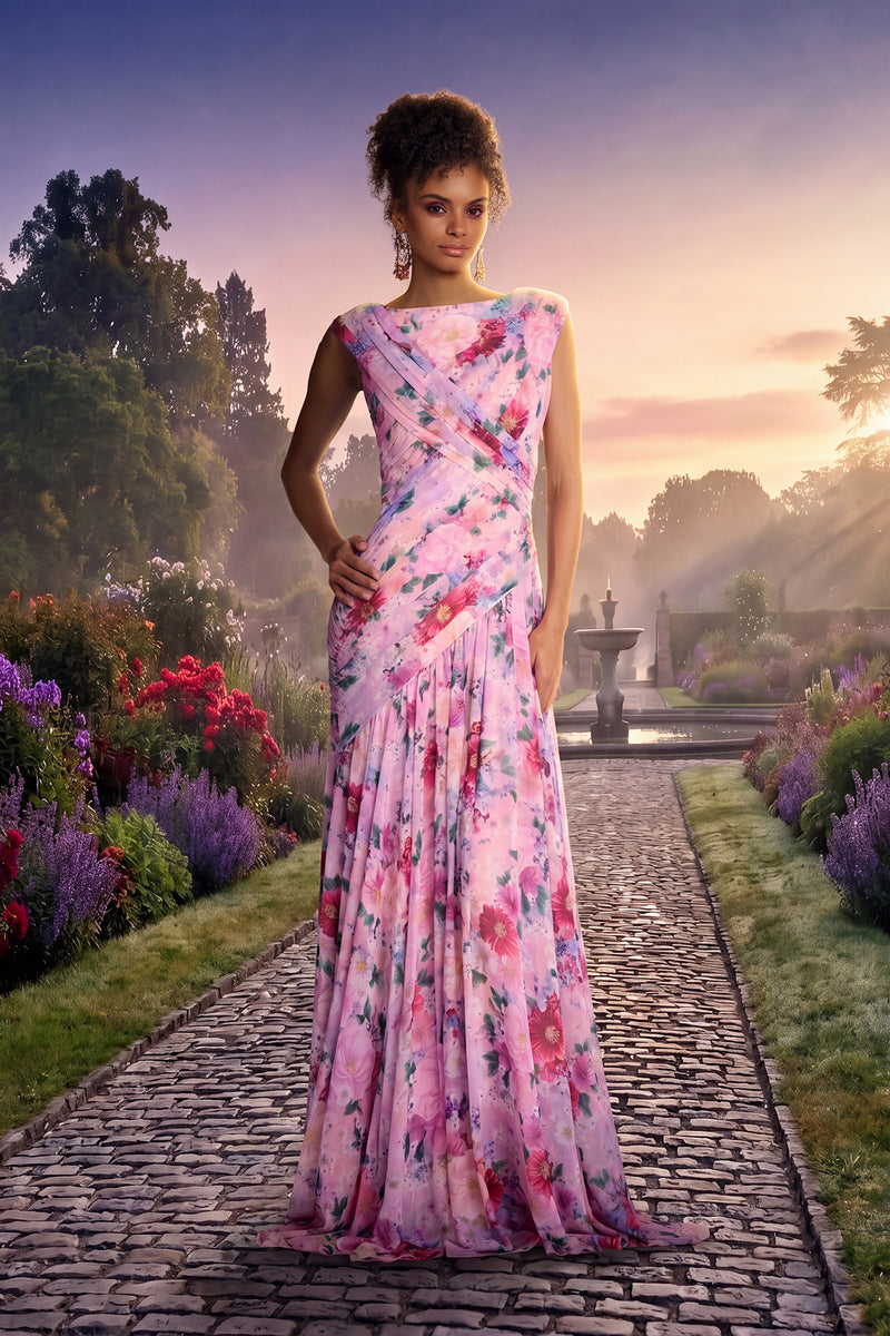 PETAL GATHERED FLORAL PRINT CHIFFON SLEEVELESS BOAT-NECK FLOOR LENGTH DRESS