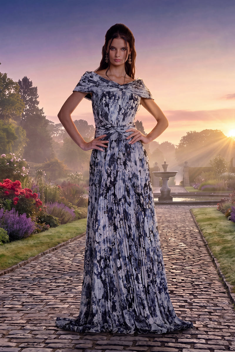 IVORY/BLACK KNIFE PLEATED FLORAL PRINT CHIFFON OFF-THE-SHOULDER FLOOR LENGTH DRESS