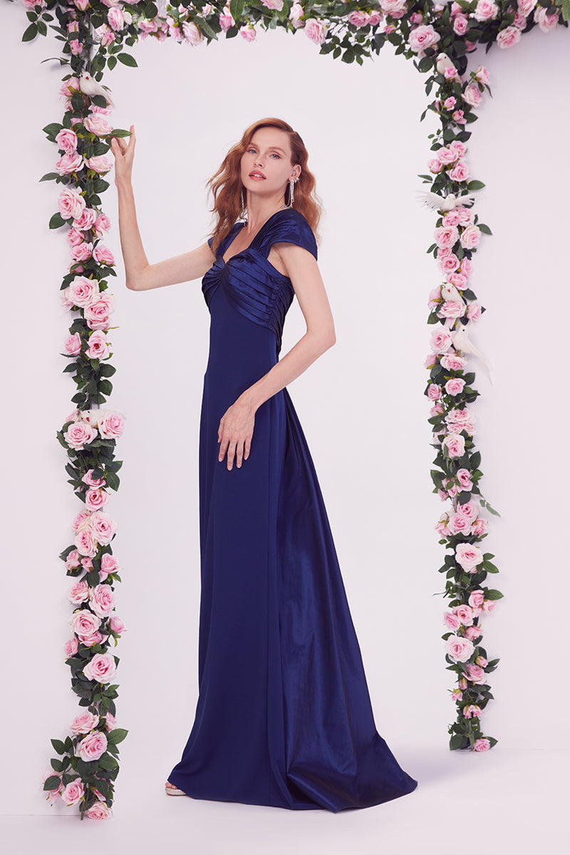 NAVY TEXTURED CREPE AND TAFFETA SWEETHEART NECK CAP SLEEVE BACKLESS GOWN WITH TRAIN