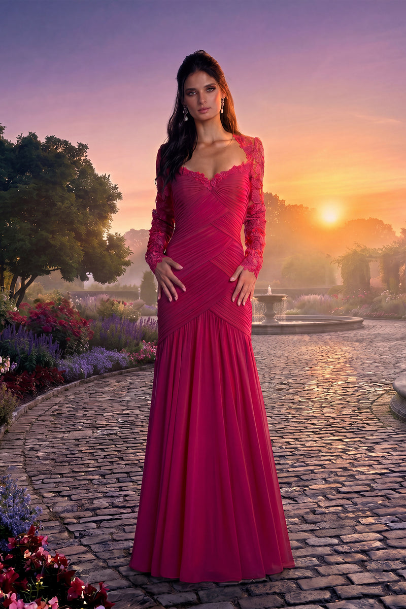 DAHLIA TRELLIS LACE AND GEORGETTE LONG SLEEVE SWEETHEART NECKLINE FIT AND FLARE GOWN