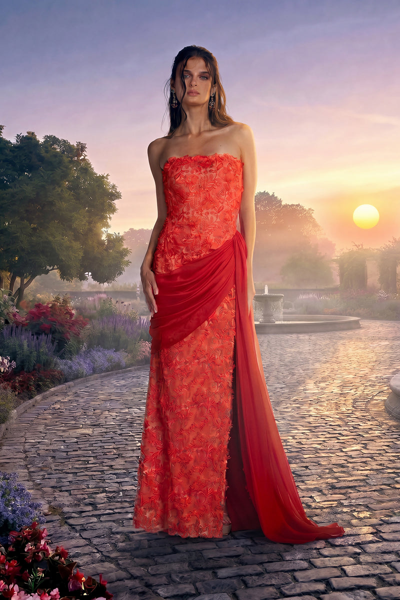 SAFFRON TRELLIS LACE STRAPLESS GOWN WITH DRAPED CHIFFON SASH AND FRONT SLIT DETAIL