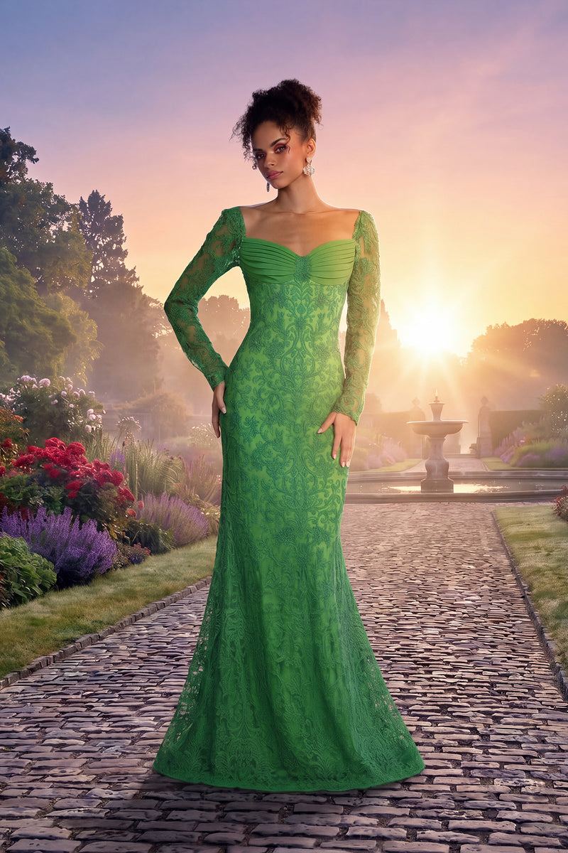 CACTUS VINE EMBROIDERED TULLE AND TEXTURED CREPE LONG SLEEVE ILLUSION NECK GOWN