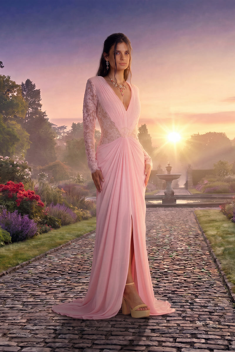 PETAL VINE EMBROIDERED TULLE AND GEORGETTE V-NECK LONG SLEEVE DRAPED GOWN