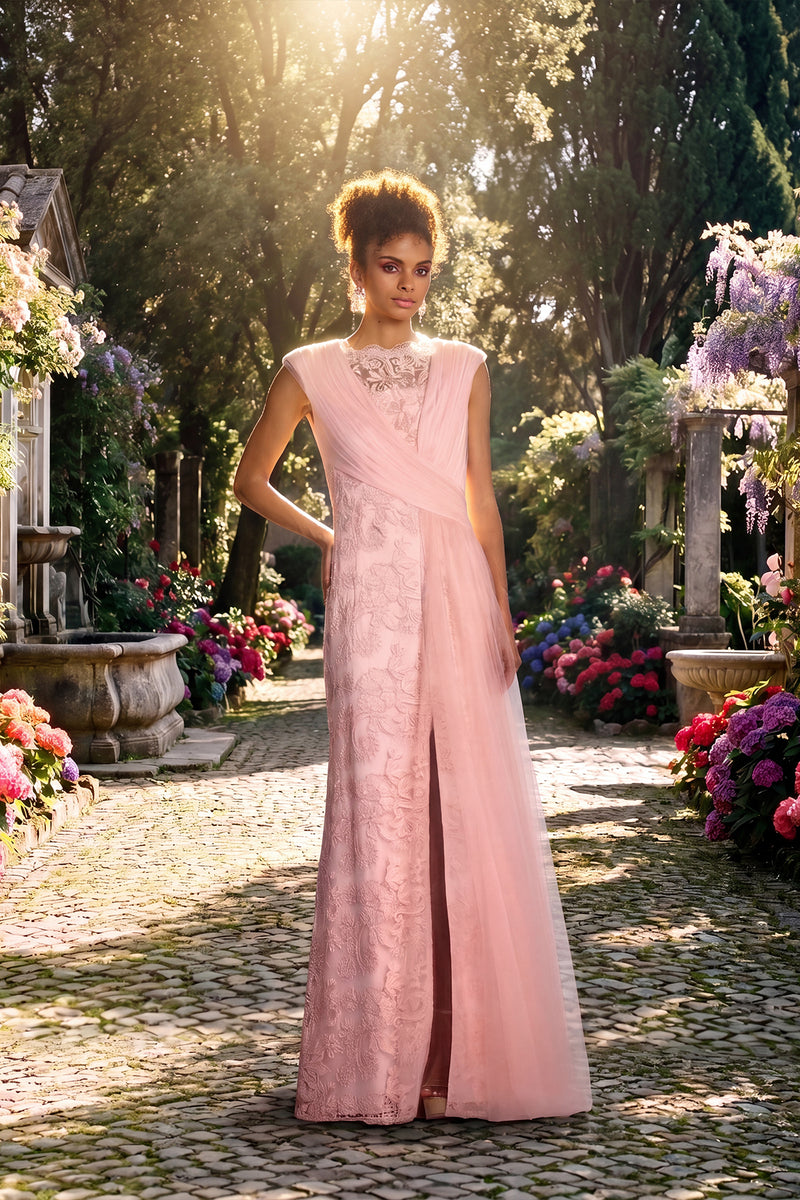 PETAL FLORA EMBROIDERED TULLE SLEEVELESS GOWN WITH FRONT SLIT DETAIL