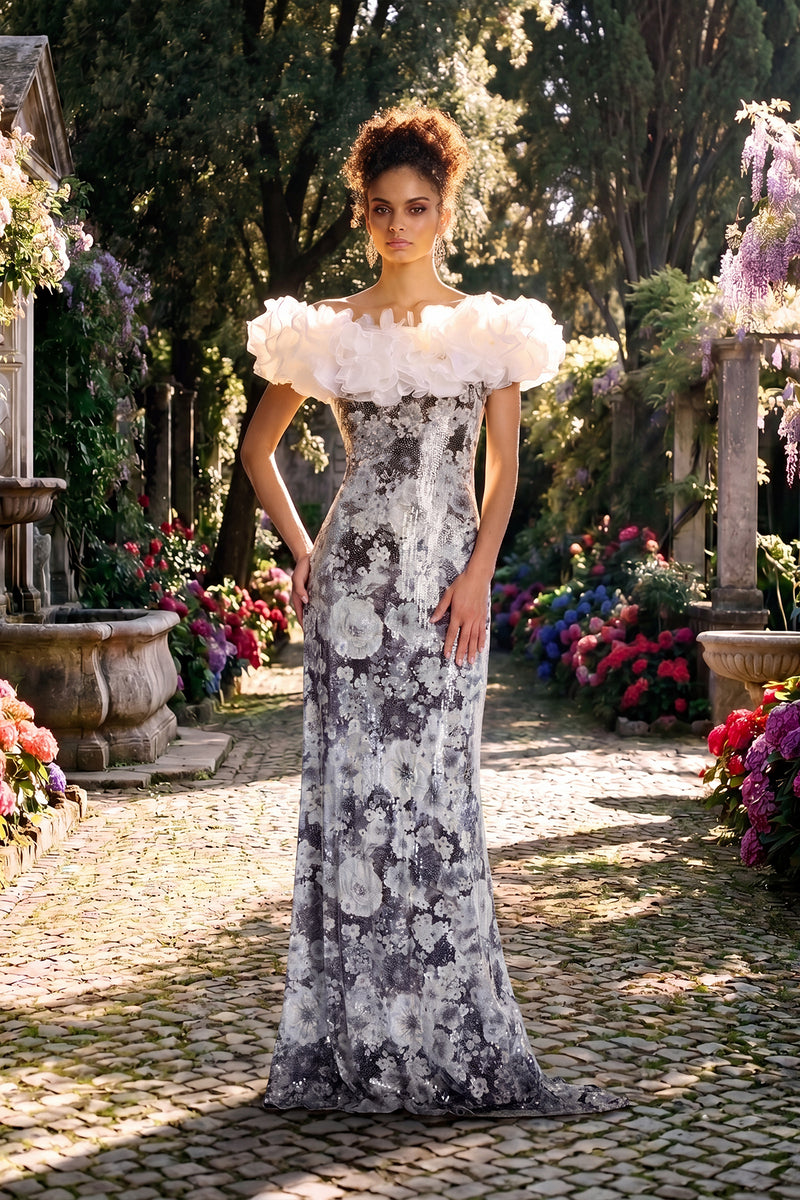 IVORY/BLACK GARDEN PRINT MESH WITH SHIMMERING PAILLETTE OVERLAY OFF-THE-SHOULDER GOWN WITH 3D FLORAL APPLIQUE