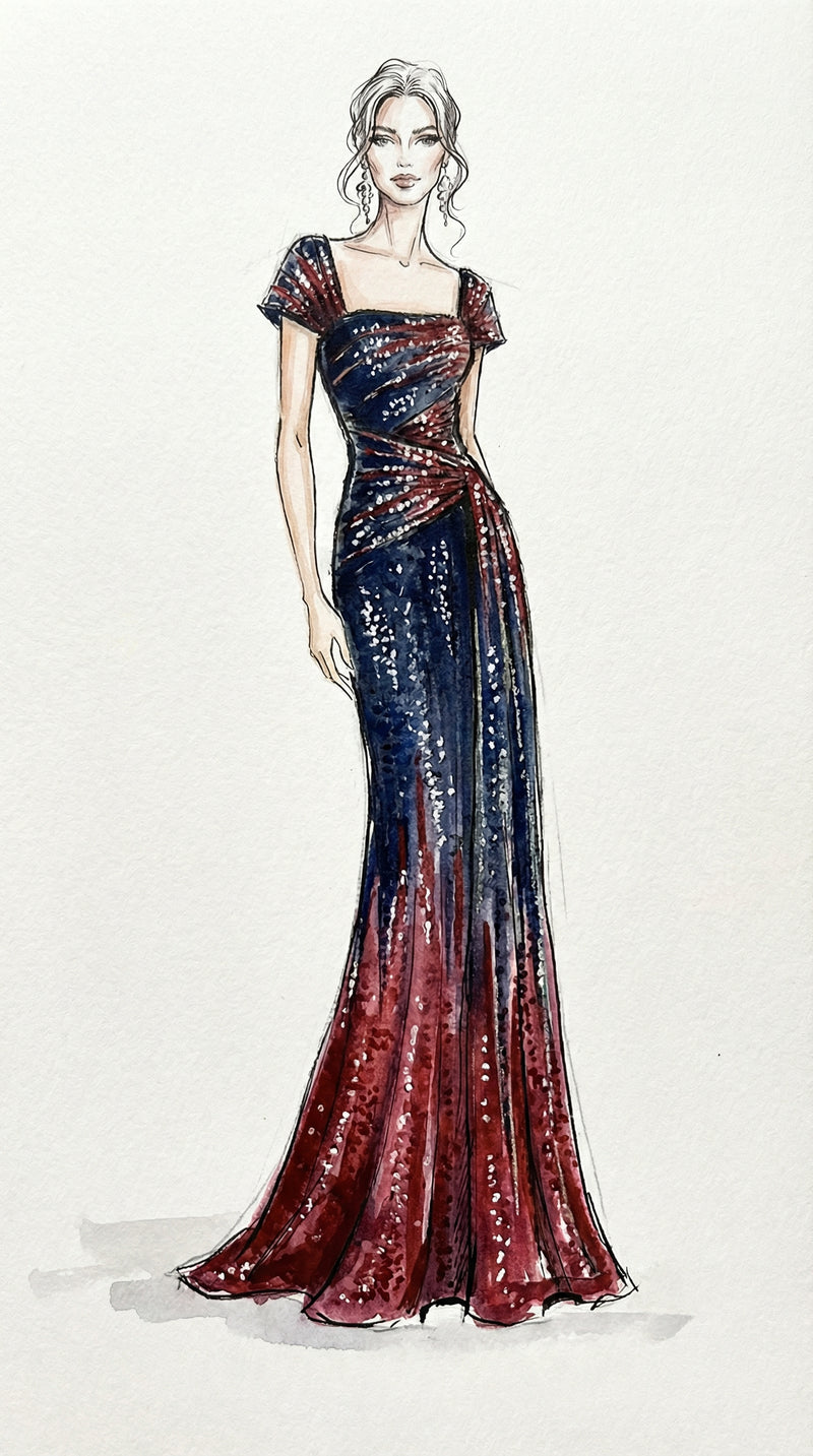 OCEAN BLUE ROSE MOTIF JACQUARD V-NECK SLEEVELESS GOWN WITH ART DECO SEAMS