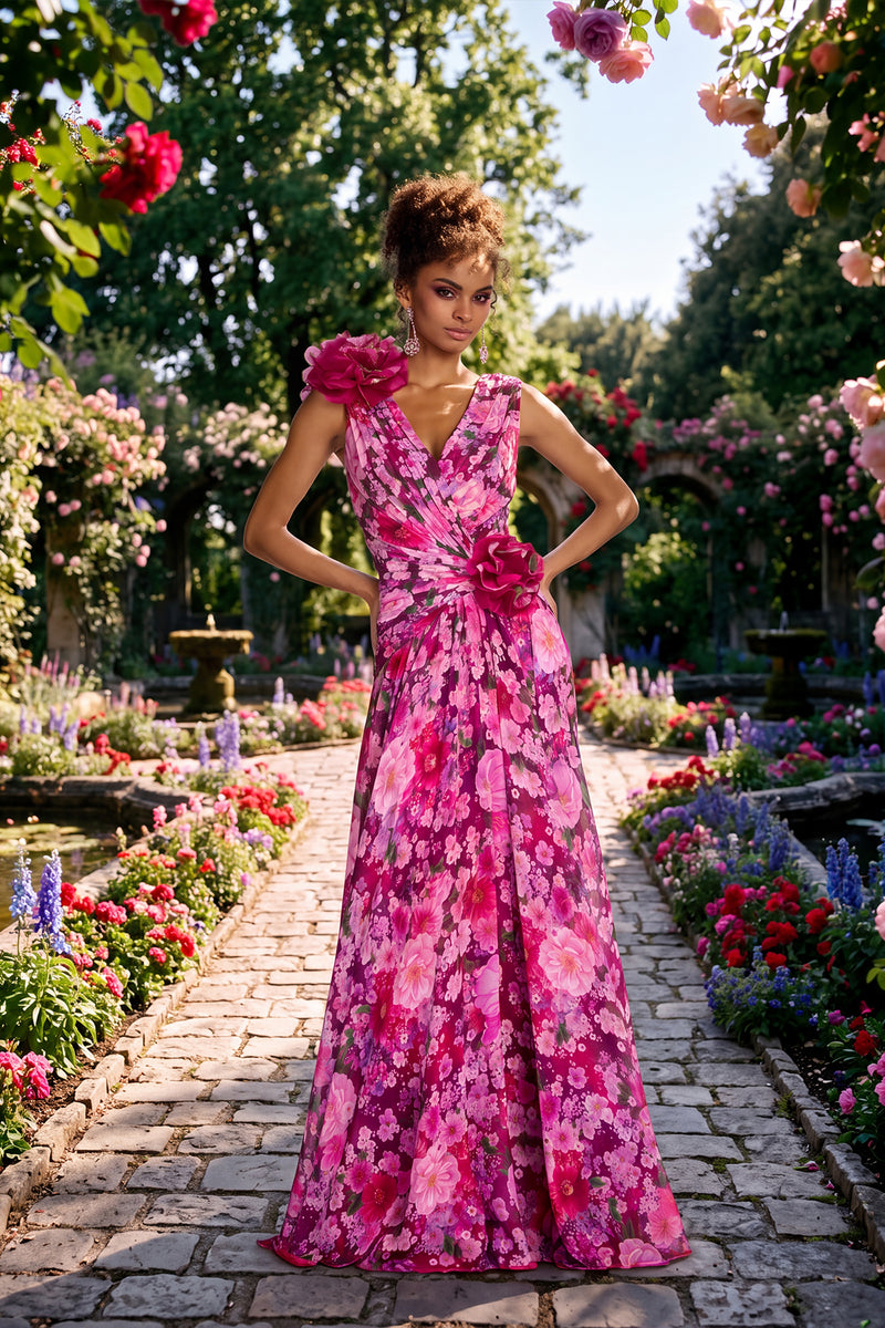 MAGENTA GARDEN PRINT CHIFFON V-NECK SLEEVELESS GOWN WITH 3D FLORAL APPLIQUE