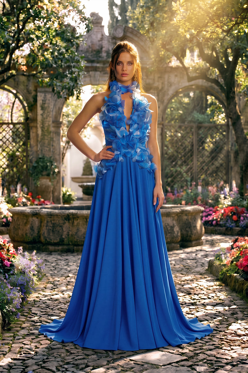 FOUNTAIN BLUE TEXTURED CREPE HALTER GOWN WITH KEYHOLE AND 3D FLORAL APPLIQUE BODICE