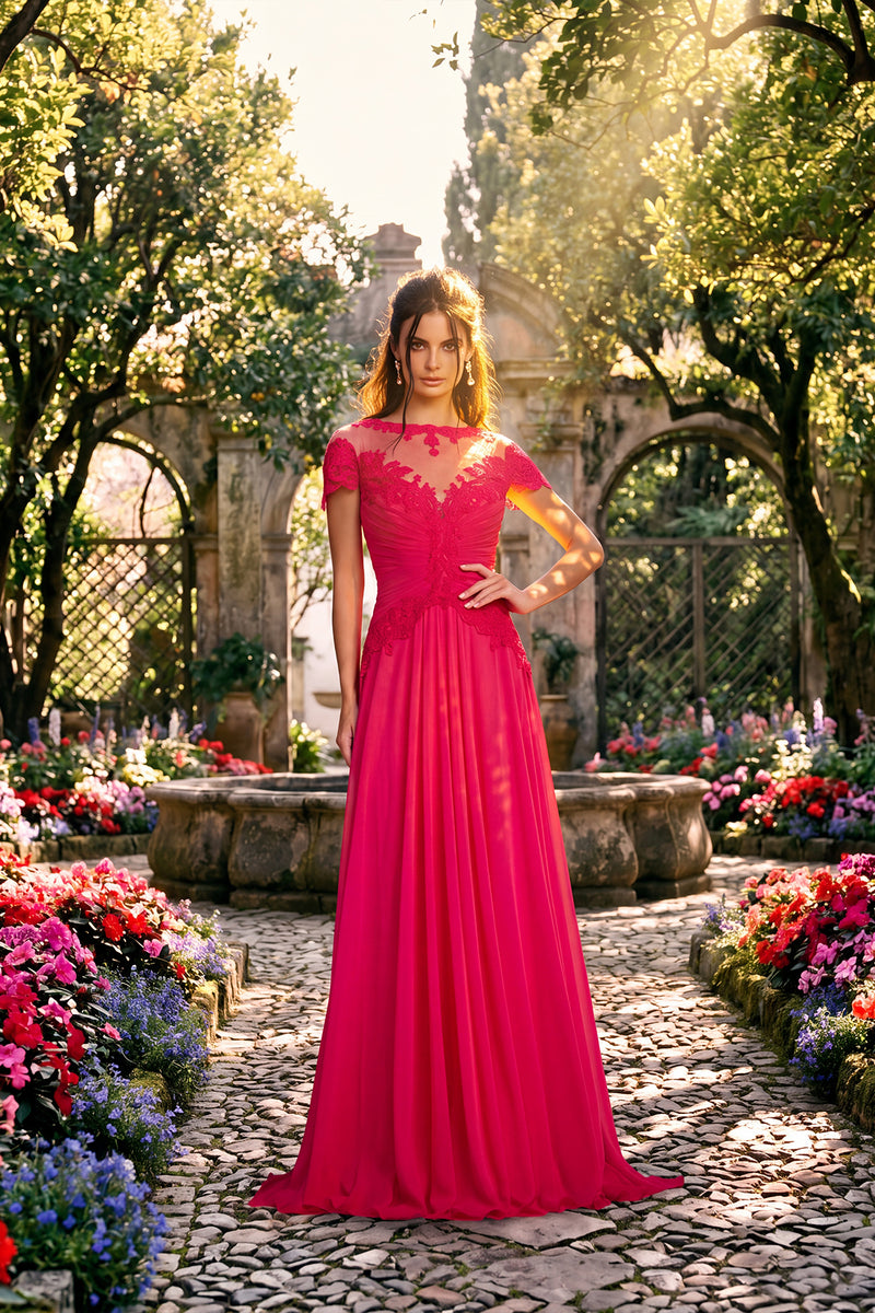 DAHLIA GEORGETTE AND FLORA EMBROIDERED TULLE CAP SLEEVE FULL SKIRT GOWN