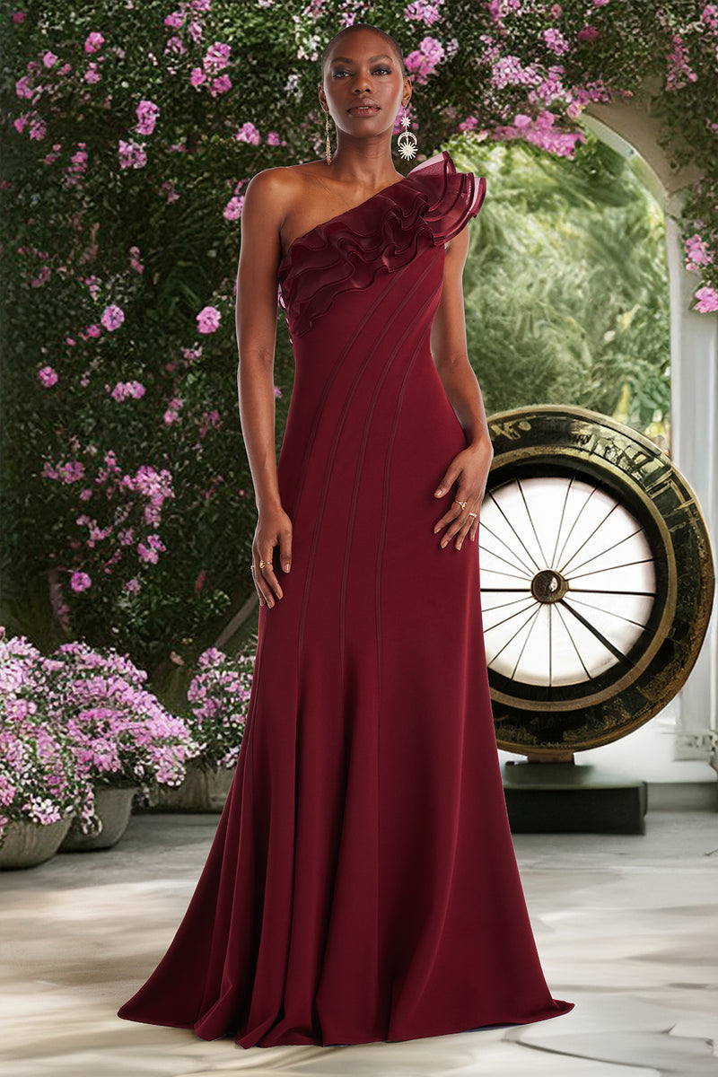 CINNAMON TEXTURED CREPE AND ORGANZA WITH SUNDIAL PIPING ONE SHOULDER GOWN