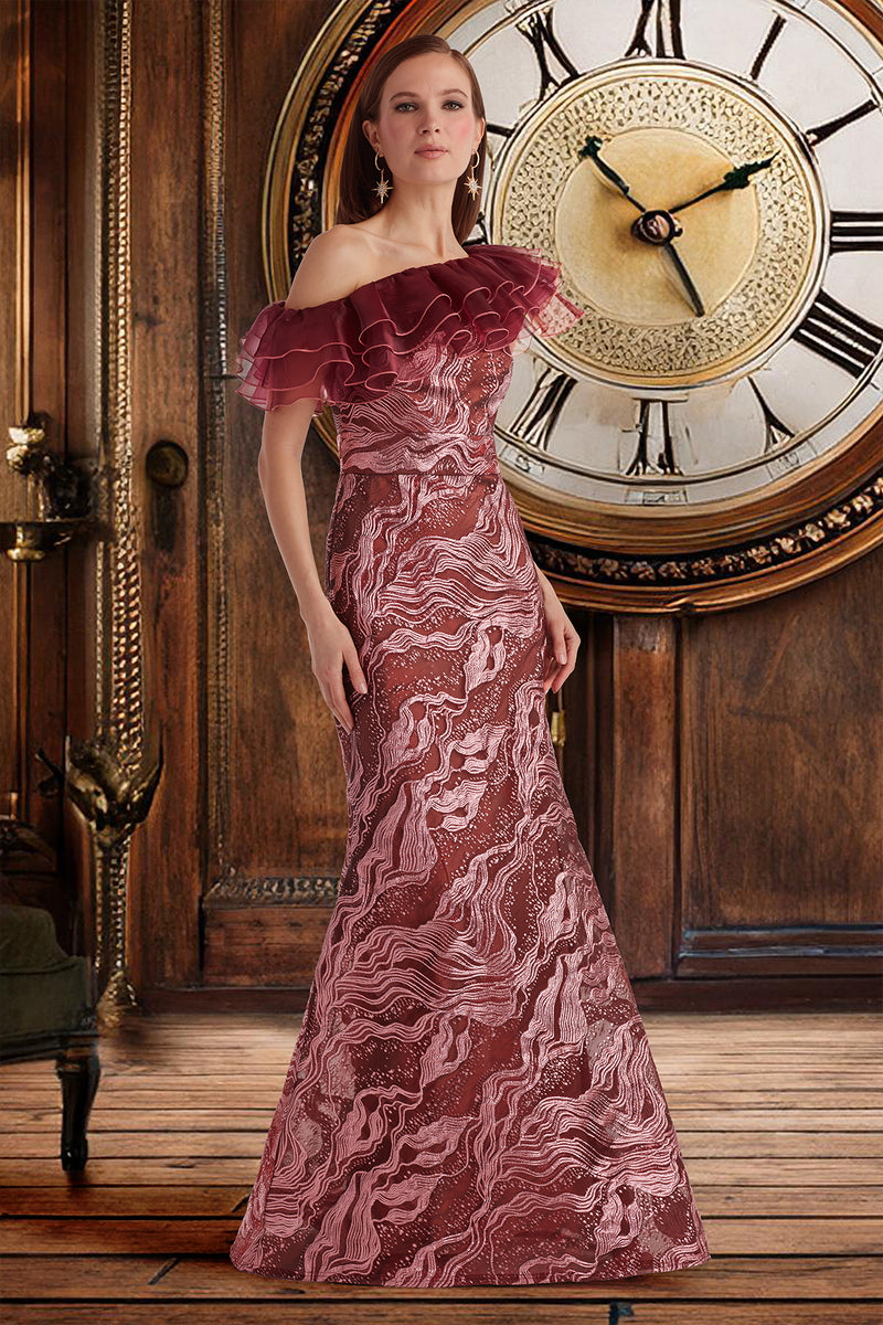 CINNAMON STARDUST MOTIF JACQUARD AND CASCADING ORGANZA OFF-SHOULDER GOWN