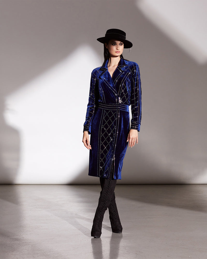 MARINA BLUE IRIDESCENT DIAMANTÉ STRETCH VELVET LONG SLEEVE DRESS WITH NOTCHED COLLAR AND TWO-WAY ZIP FRONT CLOSURE
