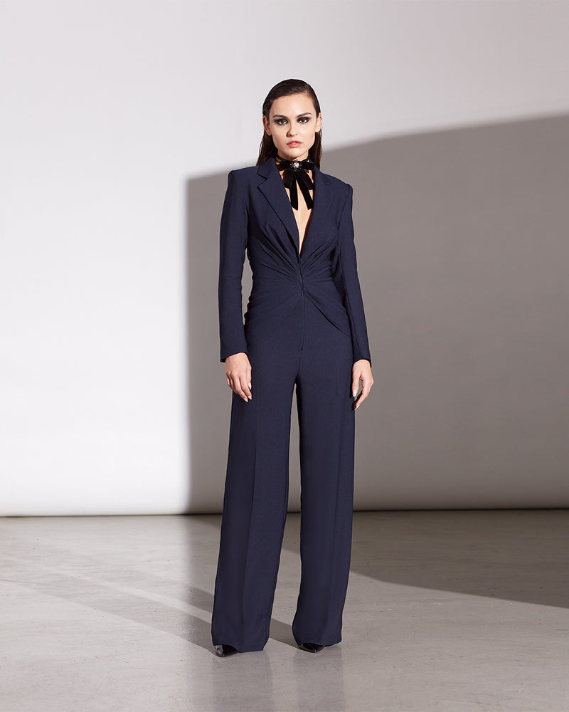 NAVY BLUE CREPE V-PLUNGE LONG SLEEVE NOTCHED COLLAR JUMPSUIT
