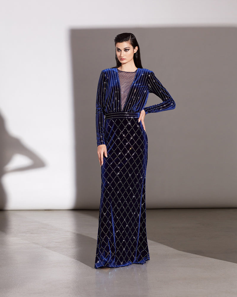 MARINA BLUE IRIDESCENT DIAMANTÉ STRETCH VELVET V-PLUNGE ILLUSION LONG SLEEVE GOWN