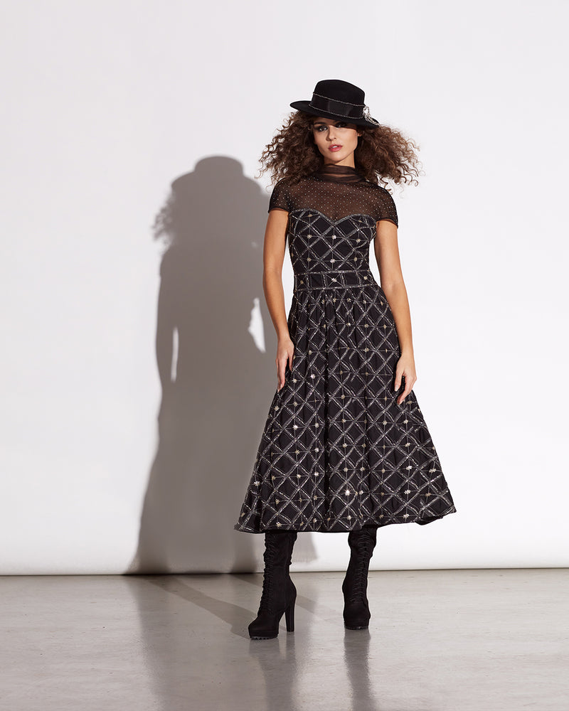 BLACK/SILVER SMALL SEQUIN DIAMOND EMBROIDERED MIDI DRESS WITH CAP SLEEVE IRIDESCENT DIAMANTÉ ILLUSION