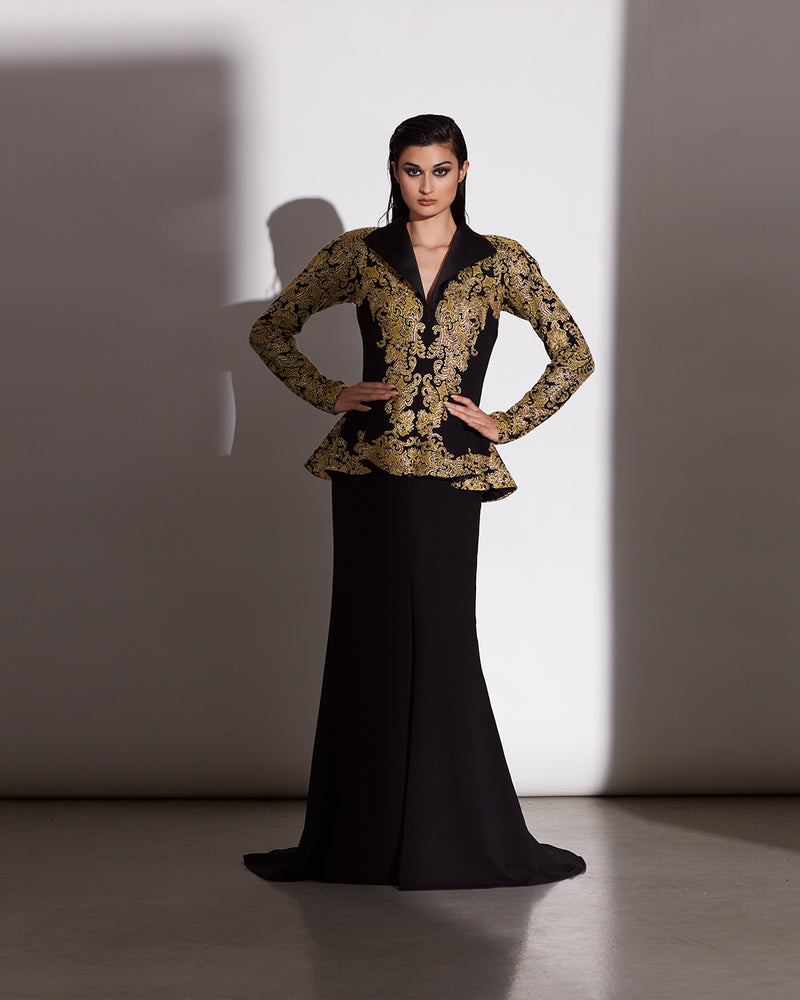 GOLD/BLACK CORD-EMBROIDERED TULLE AND TEXTURED CREPE LONG SLEEVE PEPLUM COLLAR GOWN WITH HIGH SLIT