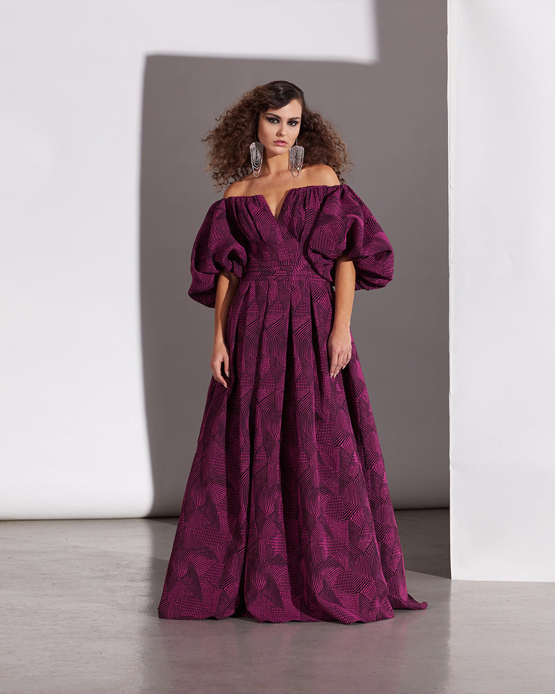 MAGENTA RIBBED GEO JACQUARD OFF-THE-SHOULDER BALLOON SLEEVE FULL-SKIRTED GOWN
