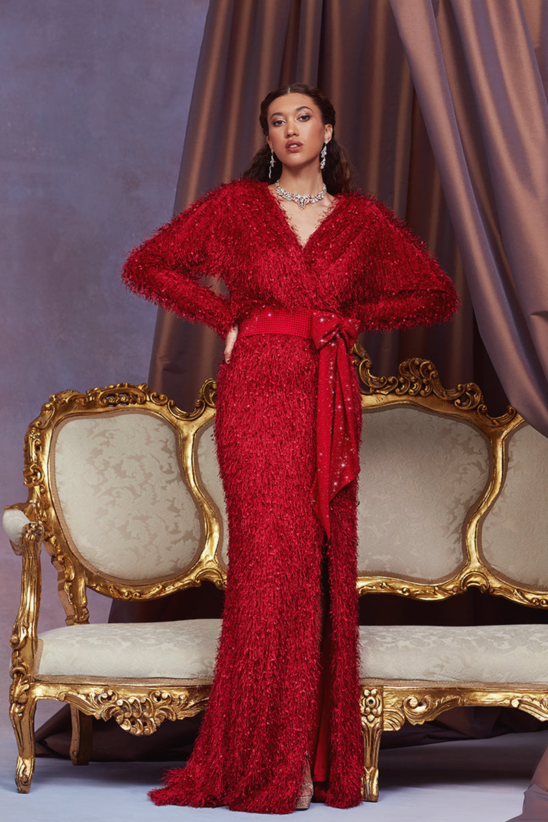 WINE EYELASH YARN SURPLICE NECK DOLMAN SLEEVE GOWN WITH DIAMANTE SASH BELT AND FRONT SLIT