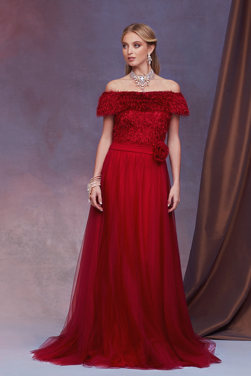 WINE EYELASH YARN AND TULLE OFF-THE-SHOULDER SHORT SLEEVE FULL-SKIRTED GOWN