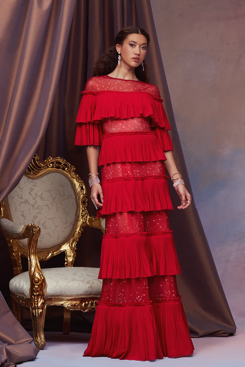 GERENIUM DIAMANTE TULLE TIERED SLEEVE ILLUSION GOWN WITH CRYSTAL PLEATED GEORGETTE TIERS