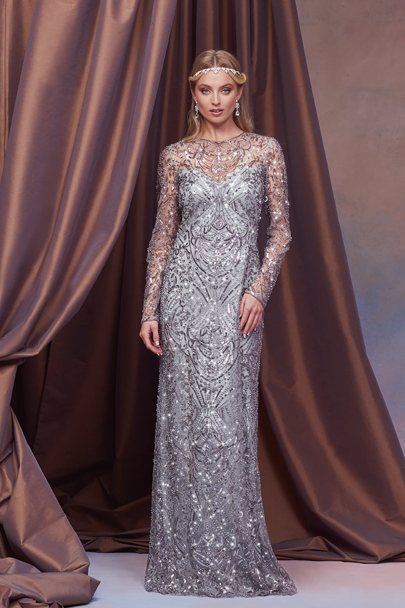 SILVER PAILLETTE AND BEAD-ENCRUSTED TULLE LONG SLEEVE ILLUSION GOWN