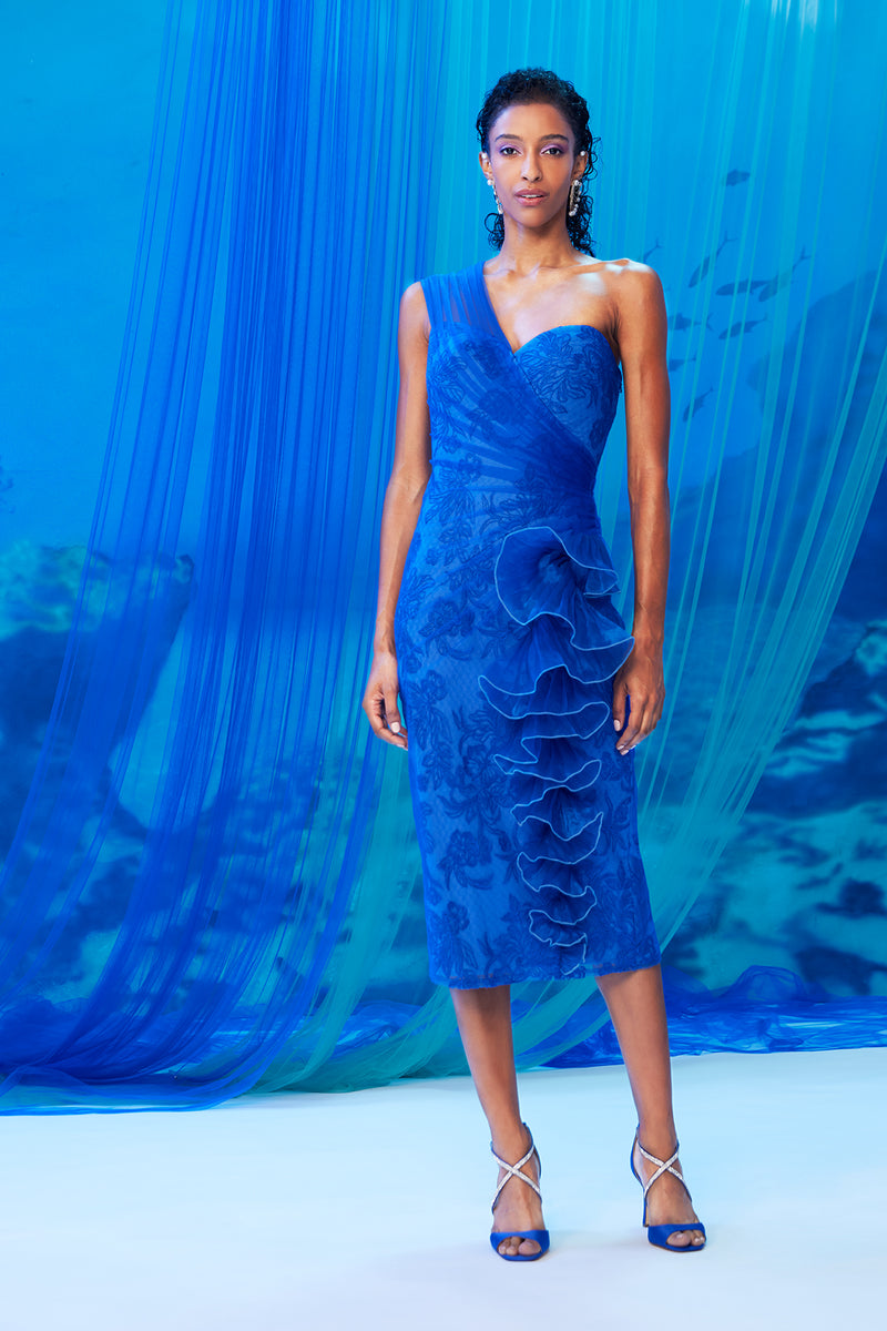 PACIFIC BLUE  DRAPED TULLE LAYERED OVER TIDAL FLOWER EMBROIDERY ONE SHOULDER DRESS WITH SEA SPRAY FLOUNCE