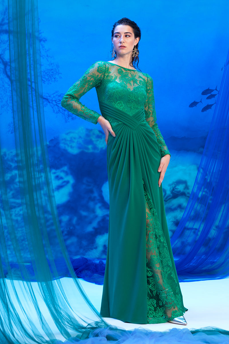 ALOE GREEN TIDAL FLOWER EMBROIDERED TULLE AND DRAPED TEXTURED CREPE LONG SLEEVE ILLUSION GOWN