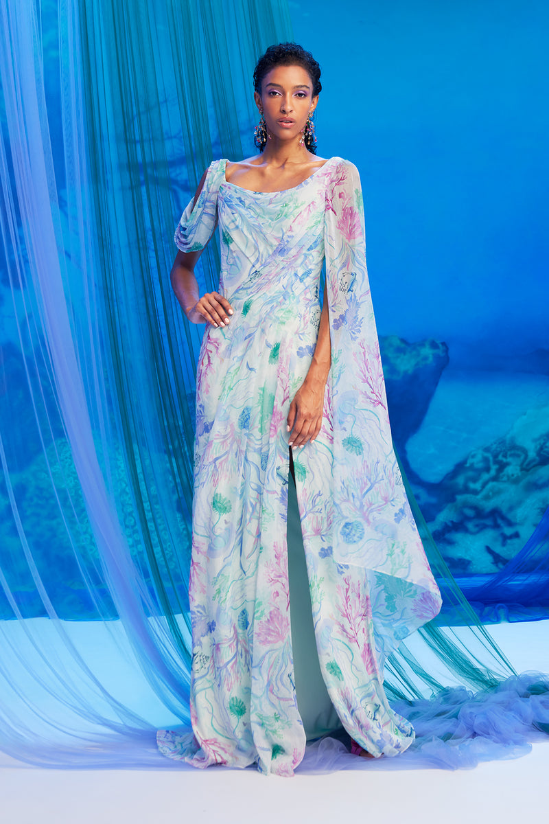 BRIGHT AQUA UNDER-THE-SEA WATERCOLOR PRINT CHIFFON COWL SLEEVE DRAPED GOWN WITH CAPE SLEEVE AND HIGH SLIT