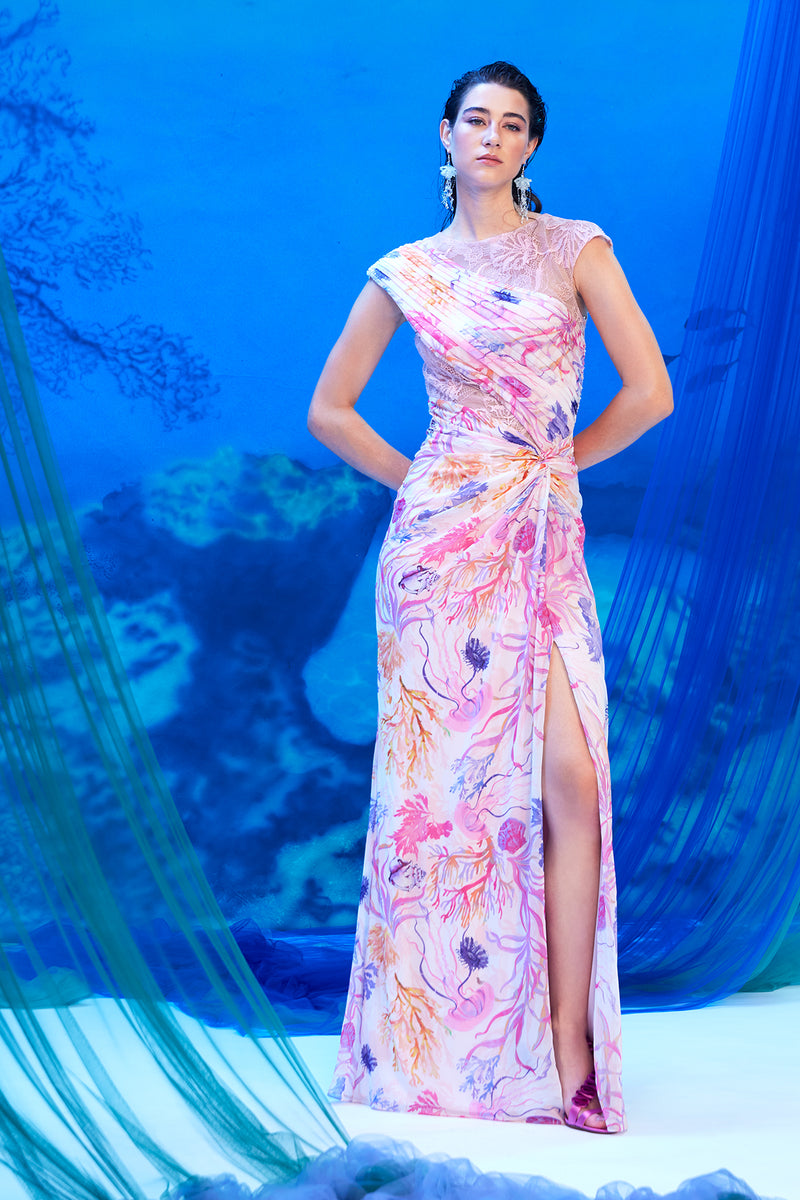 PALE PINK UNDER-THE-SEA WATERCOLOR PRINT CHIFFON CAP SLEEVE DRAPED GOWN WITH LACE INSETS AND HIGH SLIT