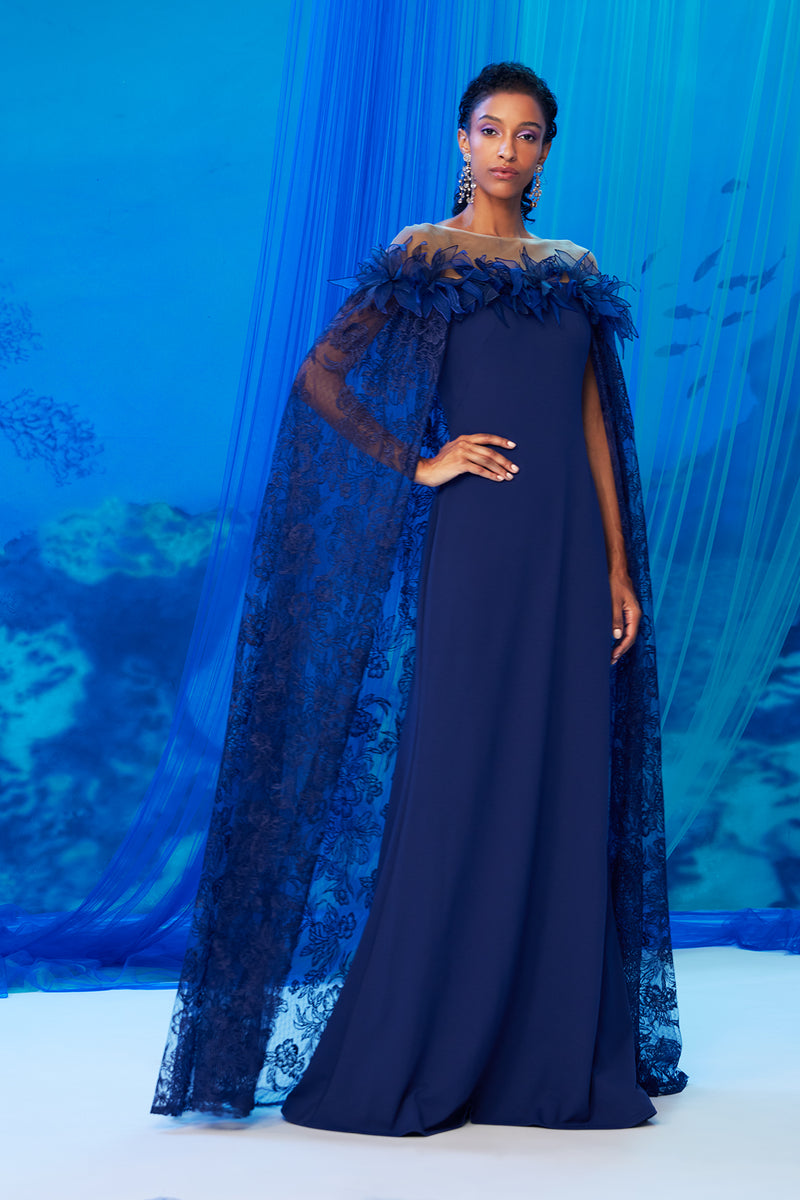NOTTE TIDAL FLOWER EMBROIDERED TULLE AND TEXTURED CREPE ILLUSION CAPE GOWN WITH 3D FLOWER EMBELLISHMENT