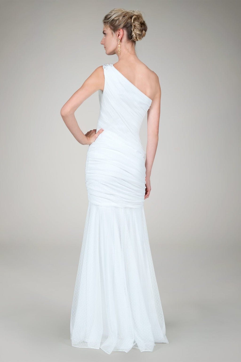 One Shoulder Ruched Gown in Ivory