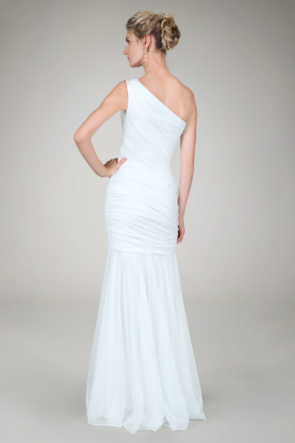 One Shoulder Ruched Gown in Ivory